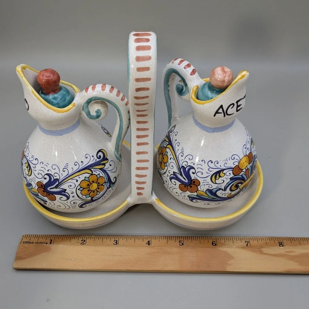 Vintage Ceramiche Deruta Italy Raffaellesco Oil Vinegar Cruet Set Hand Painted
